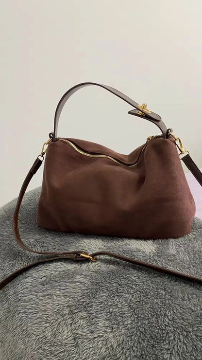 Sac marron suédine et similicuir détails dorés