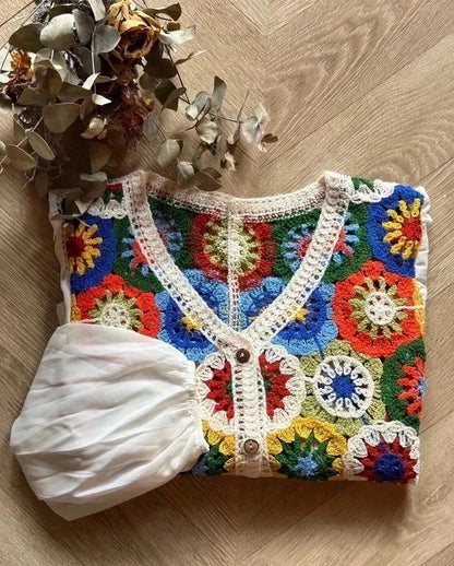 Cardigan en crochet multicolore neuf, T.36