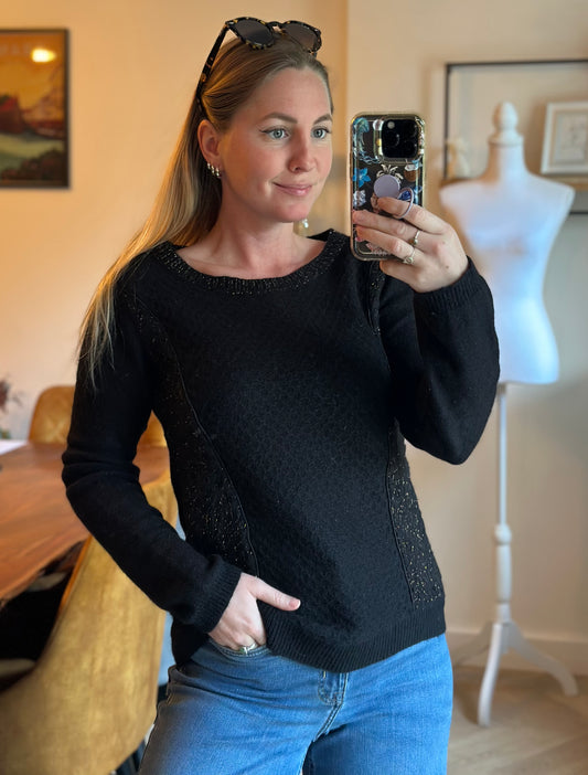 Pull noir maille texturée liseré doré laine et mohair T.36