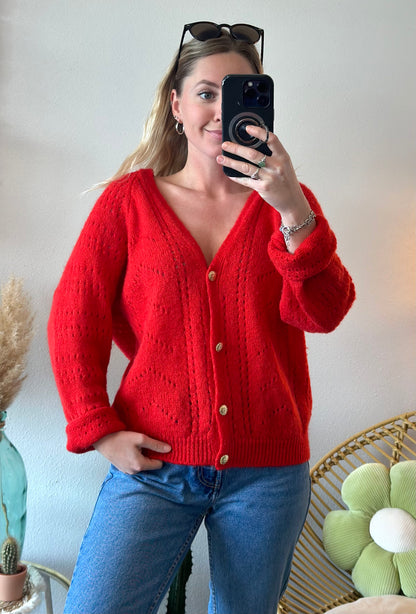 Cardigan en maille ajourée rouge mohair et laine T.U