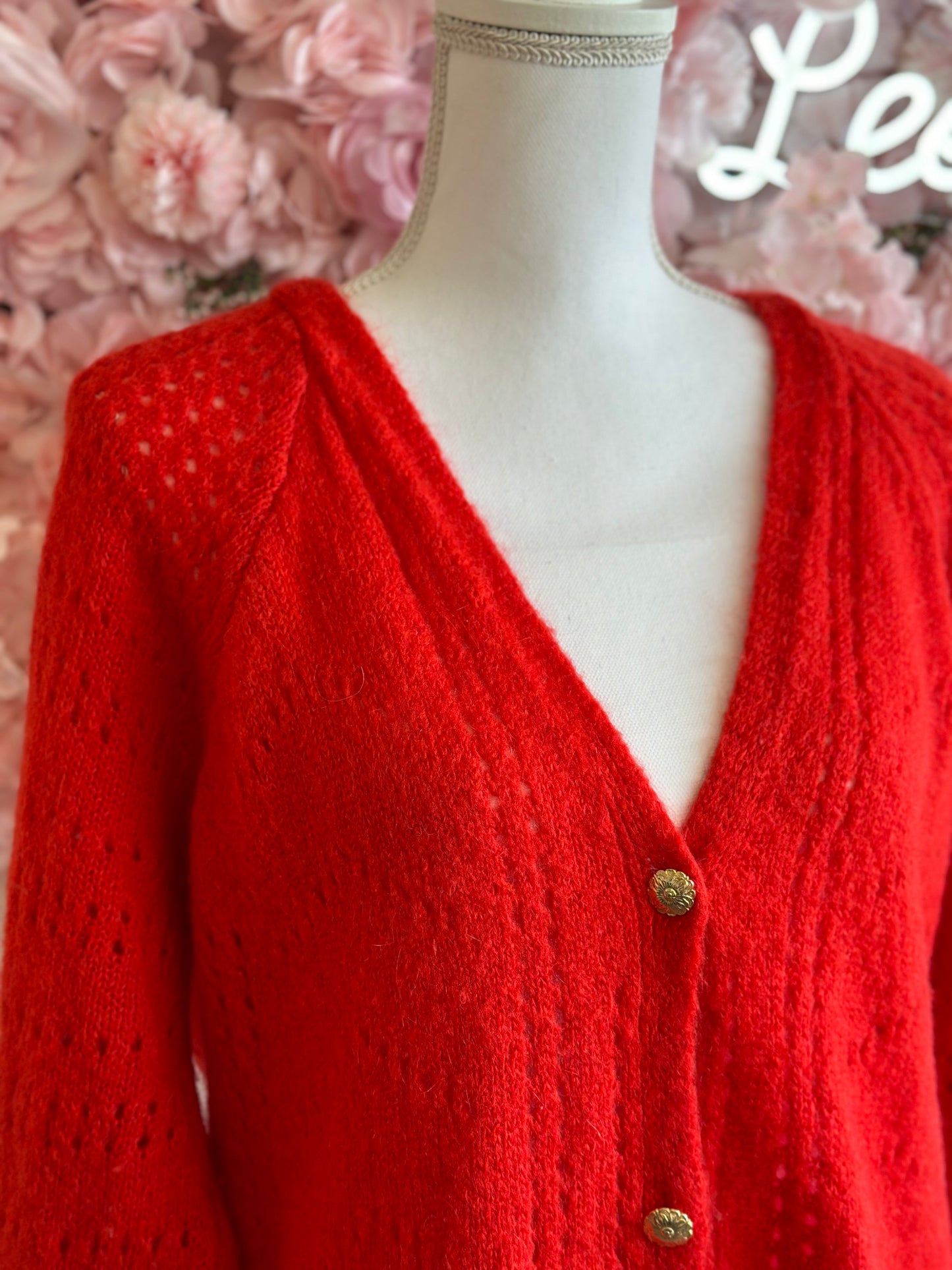 Cardigan en maille ajourée rouge mohair et laine T.U