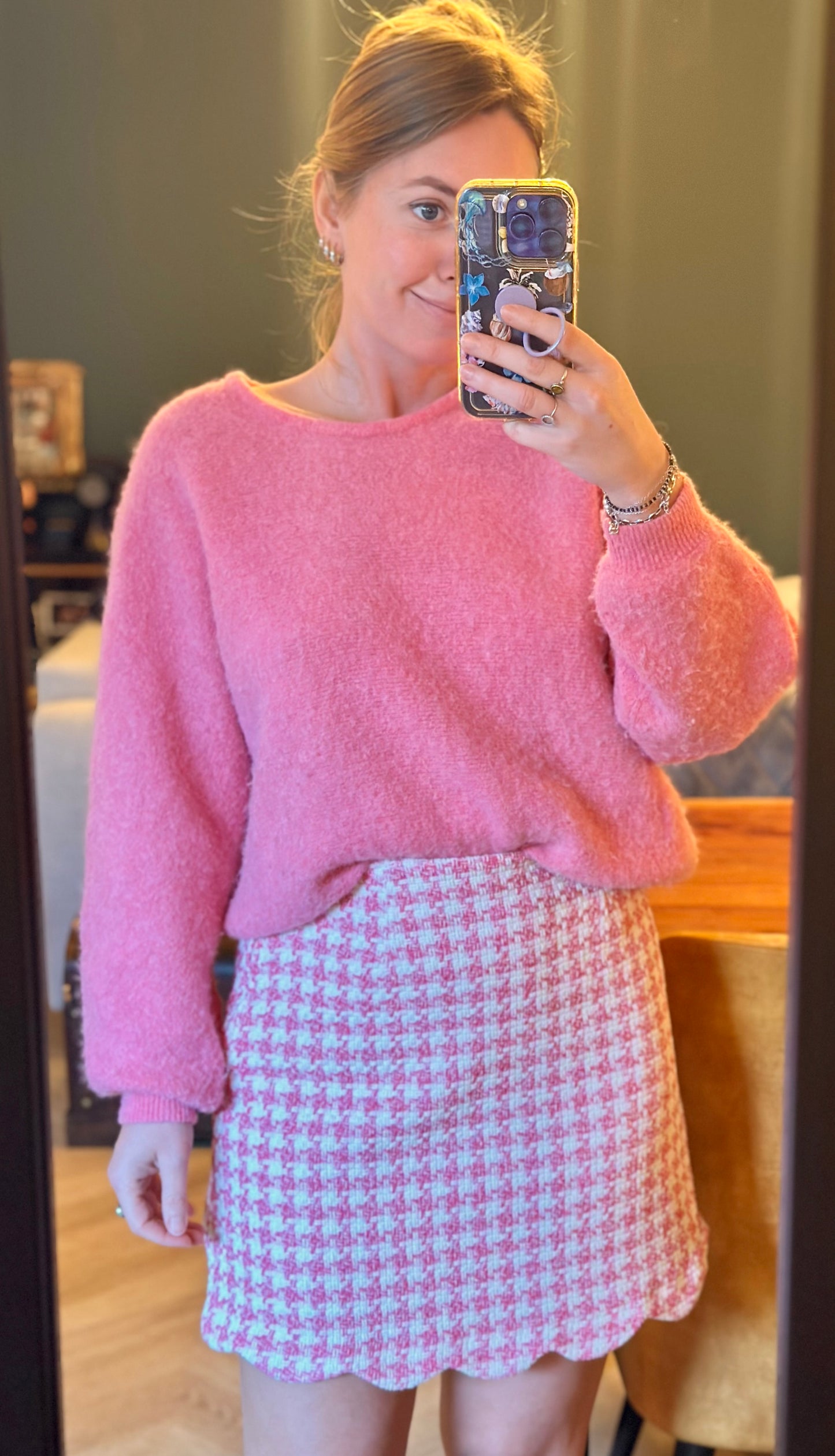Jupe tweed motif pied-de-poule rose et blanc T.36