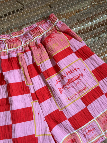 Short fluide imprimé carreaux rouge et rose viscose T.U