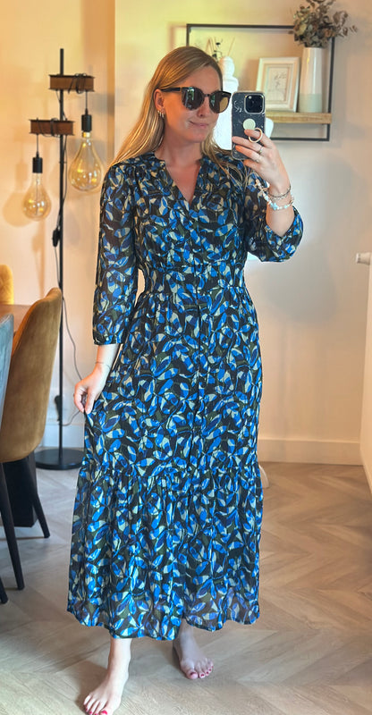 Robe longue imprimé graphique bleu neuve avec étiquette T.34