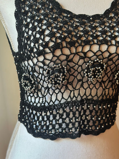 Top court crochet noir perles argentées, Vintage T.36