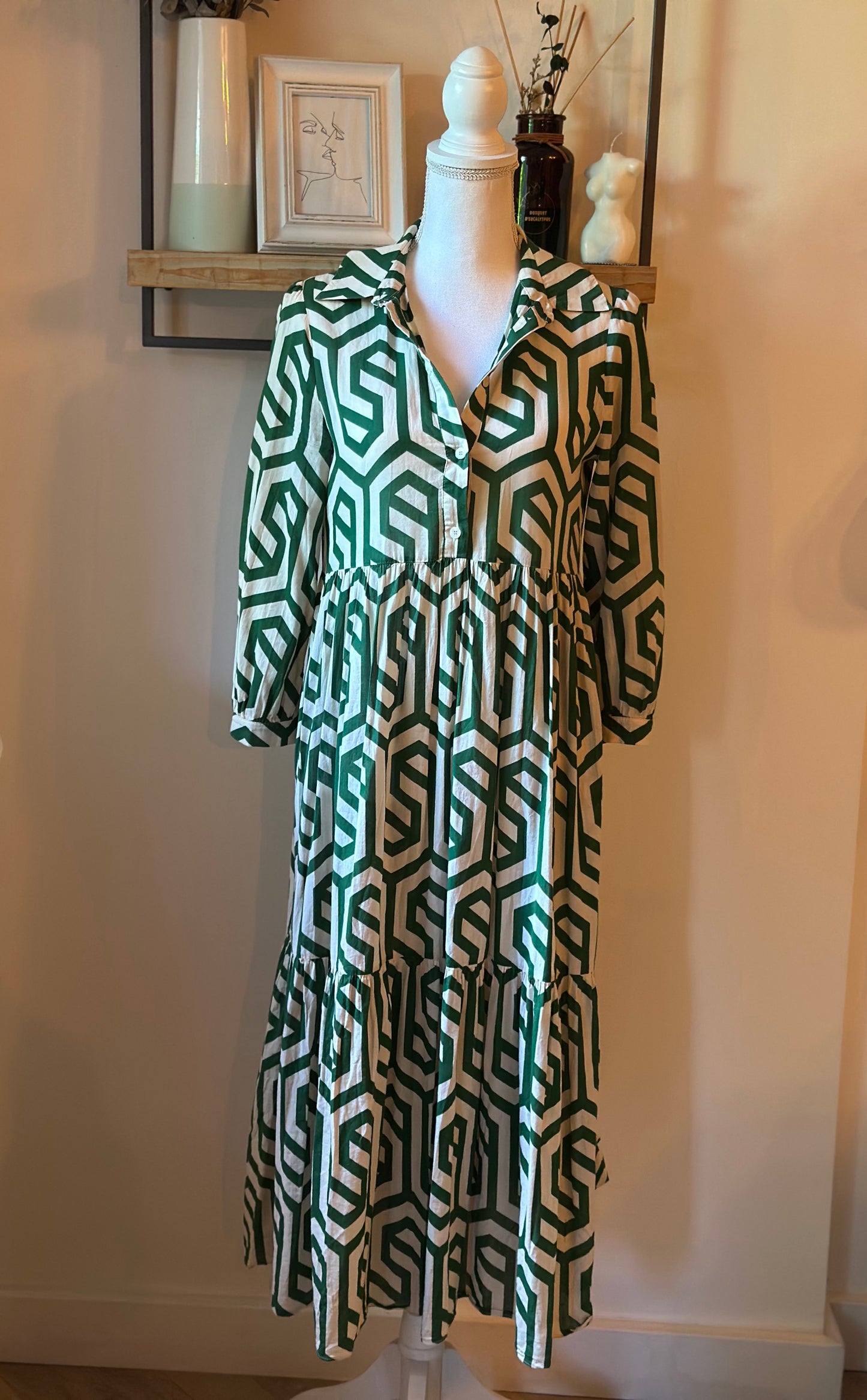 Robe longue oversize imprimé vert en coton T.34