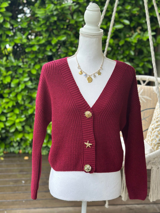 Gilet court maille bordeaux boutons bijoux dorés T.U (34 au 40)