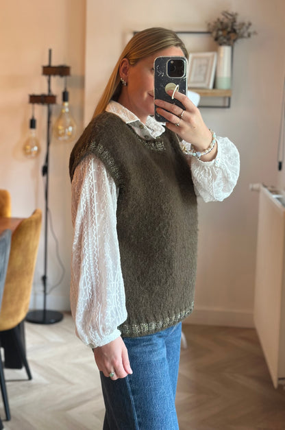 Pull sans manches maille duveteuse laine kaki T.36/38 oversize