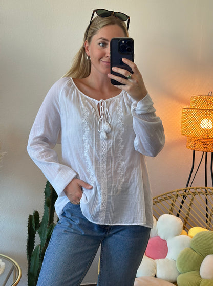 Blouse blanche bohème avec broderies fleuries, T.36 oversize