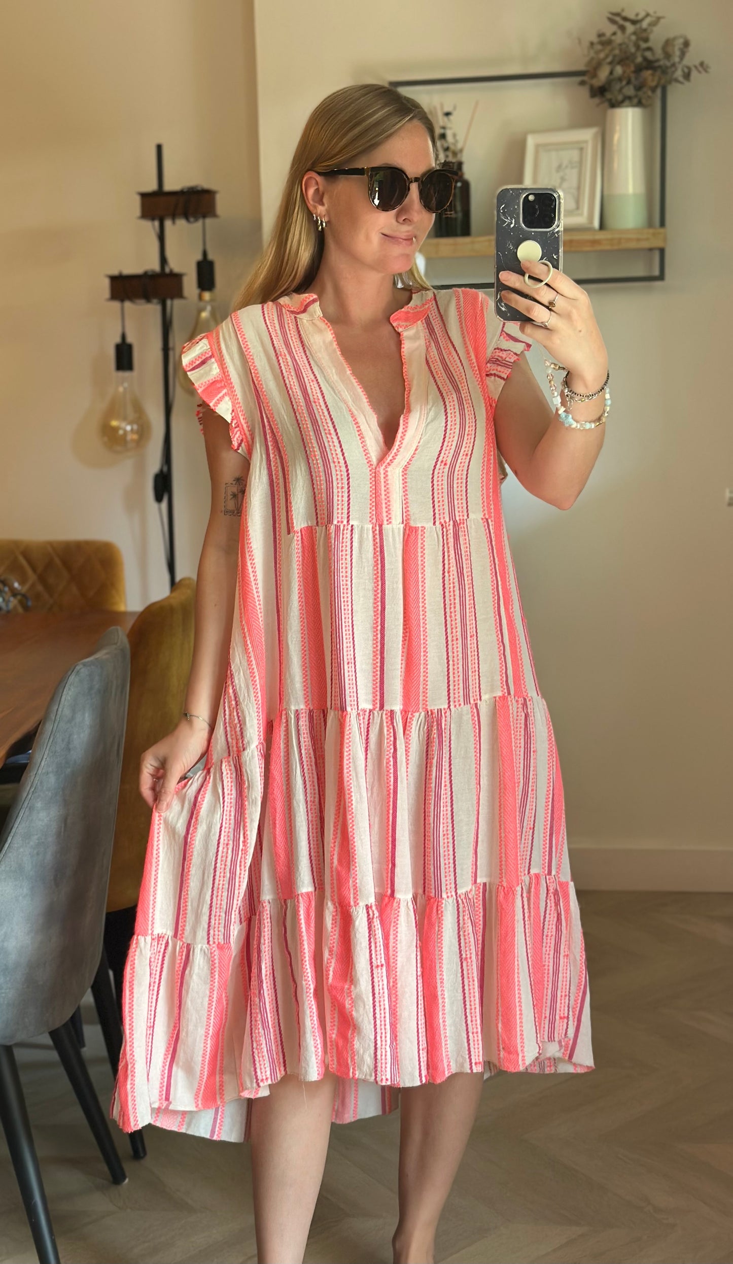 Robe bohème rayée rose fluo coton viscose T.U