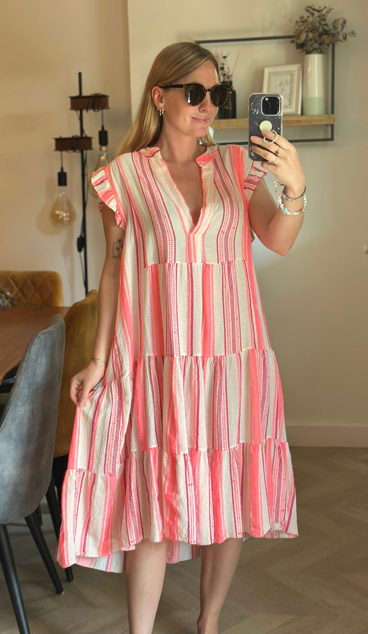 Robe bohème rayée rose fluo coton viscose T.U