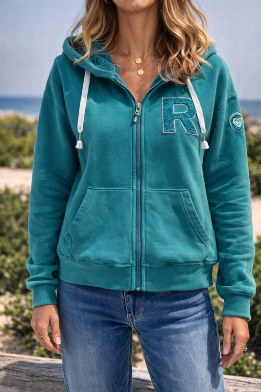 Sweat zippé à capuche uni bleu T.34