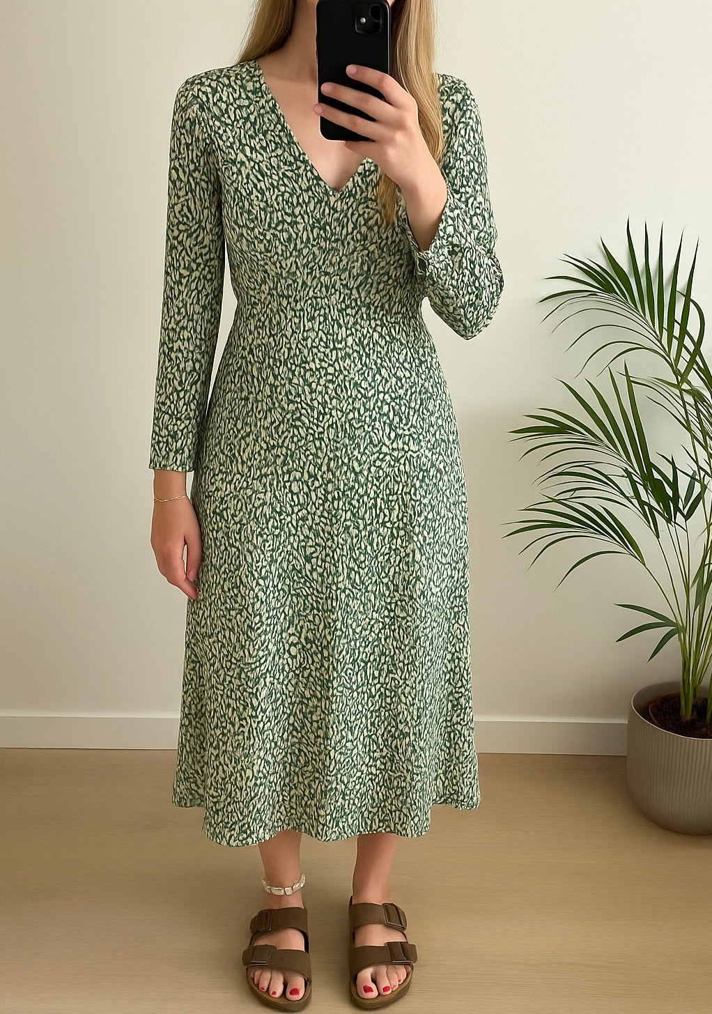Robe mi-longue à motif feuillage T.34/36