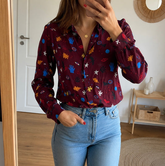 Chemise imprimée en soie bordeaux multicolore T.36