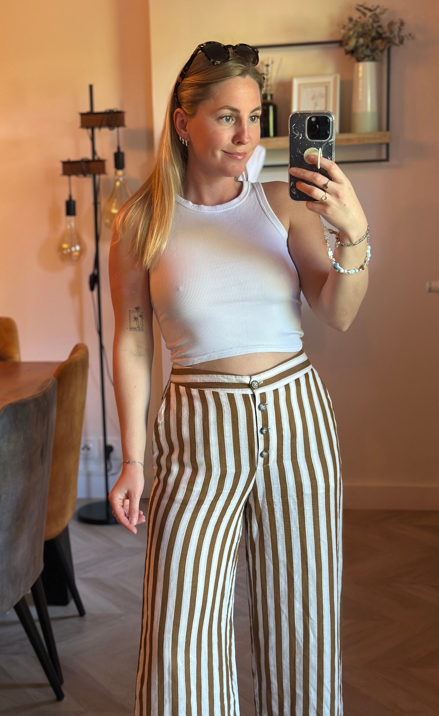 Pantalon large rayé lin coton fluide été beige & marron T.34