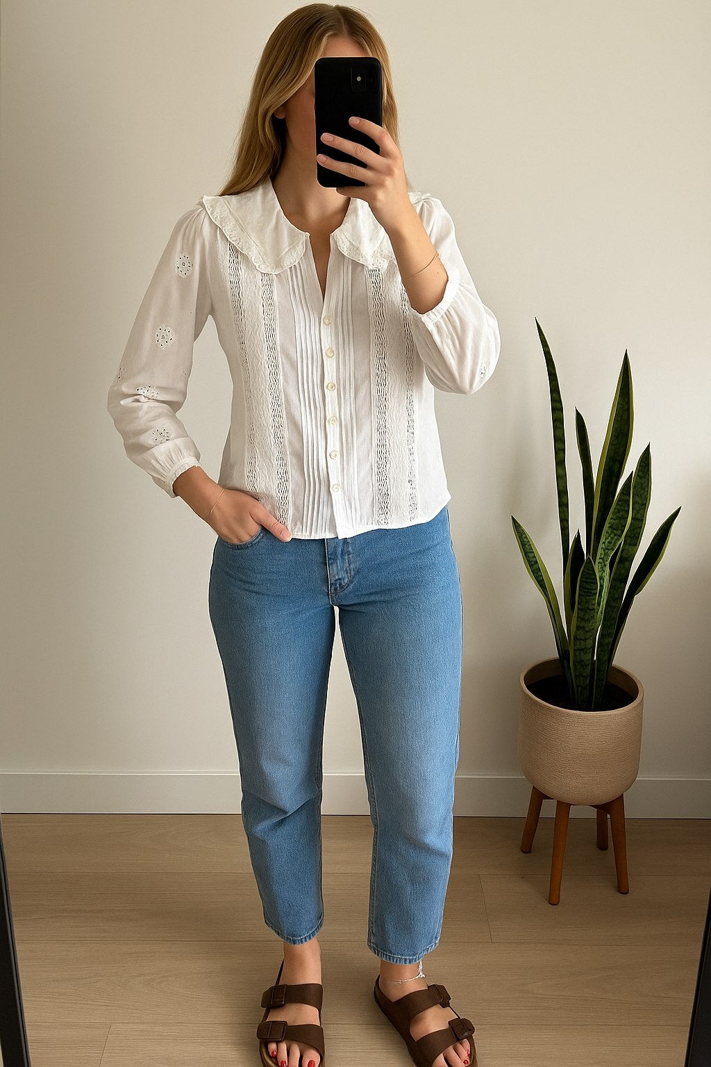 Blouse blanche broderies florales et dentelle T.34