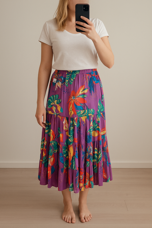 Jupe longue bohème à motifs tropicaux T.38