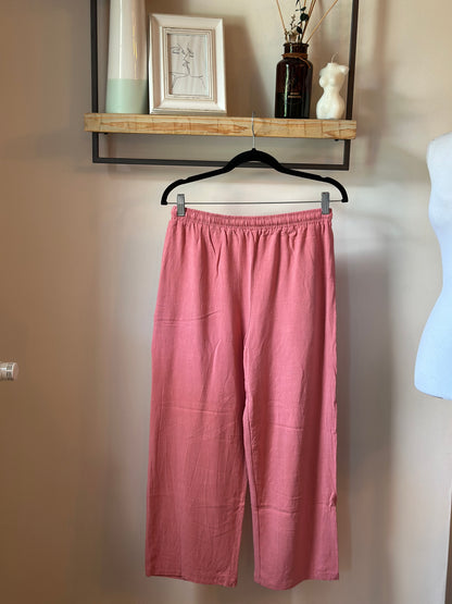 Pantalon fluide rose en lin et coton T.36