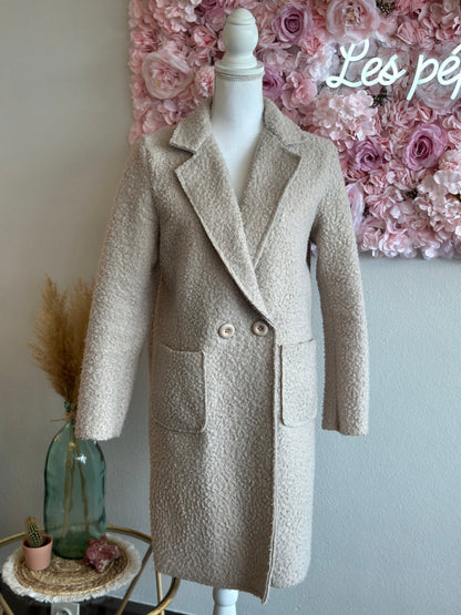 Manteau en bouclette teddy mi-long, couleur crème, T.36/38