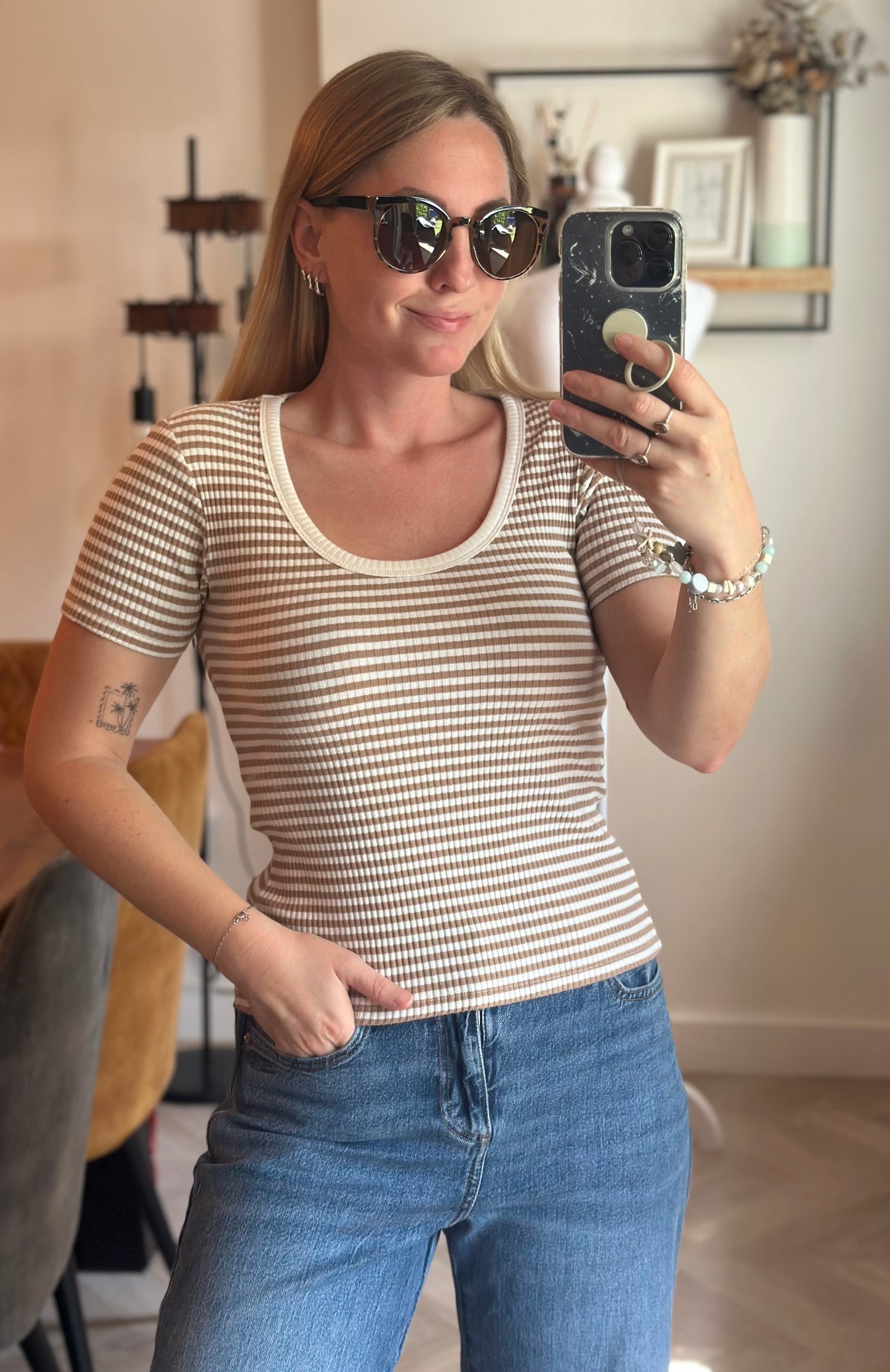 T-shirt côtelé rayé beige et écru T.36