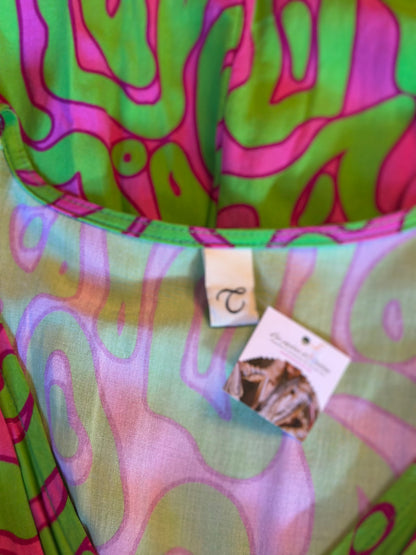 Robe fluide imprimé rose et verte en viscose T.36/38