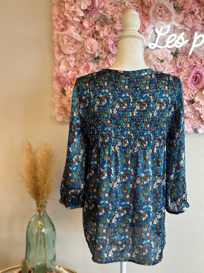 Blouse satinée bleue imprimée fleurs bohème, T.38