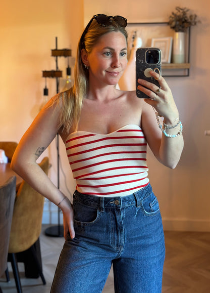 Top bandeau rayé rouge et écru T.38