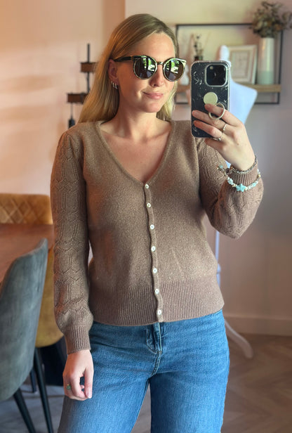 Gilet cardigan cachemire marron clair pailleté T.34