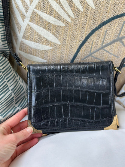 Sac bandoulière cuir noir effet croco vintage