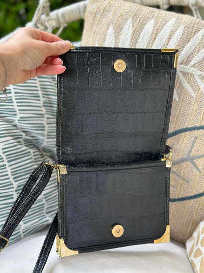 Sac bandoulière cuir noir effet croco vintage