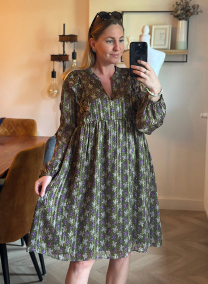 Robe bohème à fleurs kaki et violettes T.38