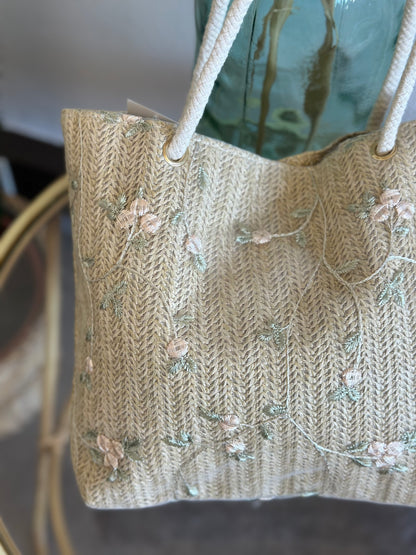 Sac cabas tissé en toile imprimée à fleurs, porté épaule