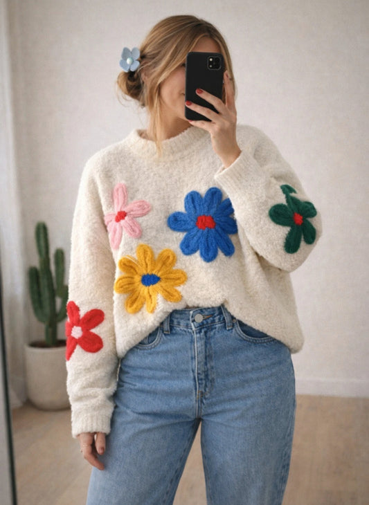 Pull en maille douce brodé de fleurs colorées T.U neuf