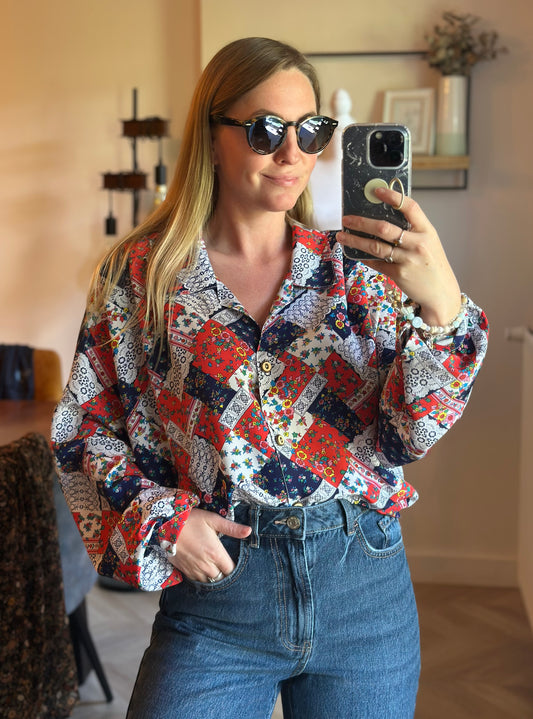 Chemise vintage imprimé patchwork fleuri made in France T.U