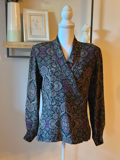 Blouse portefeuille vintage motif cachemire 100% soie T.38