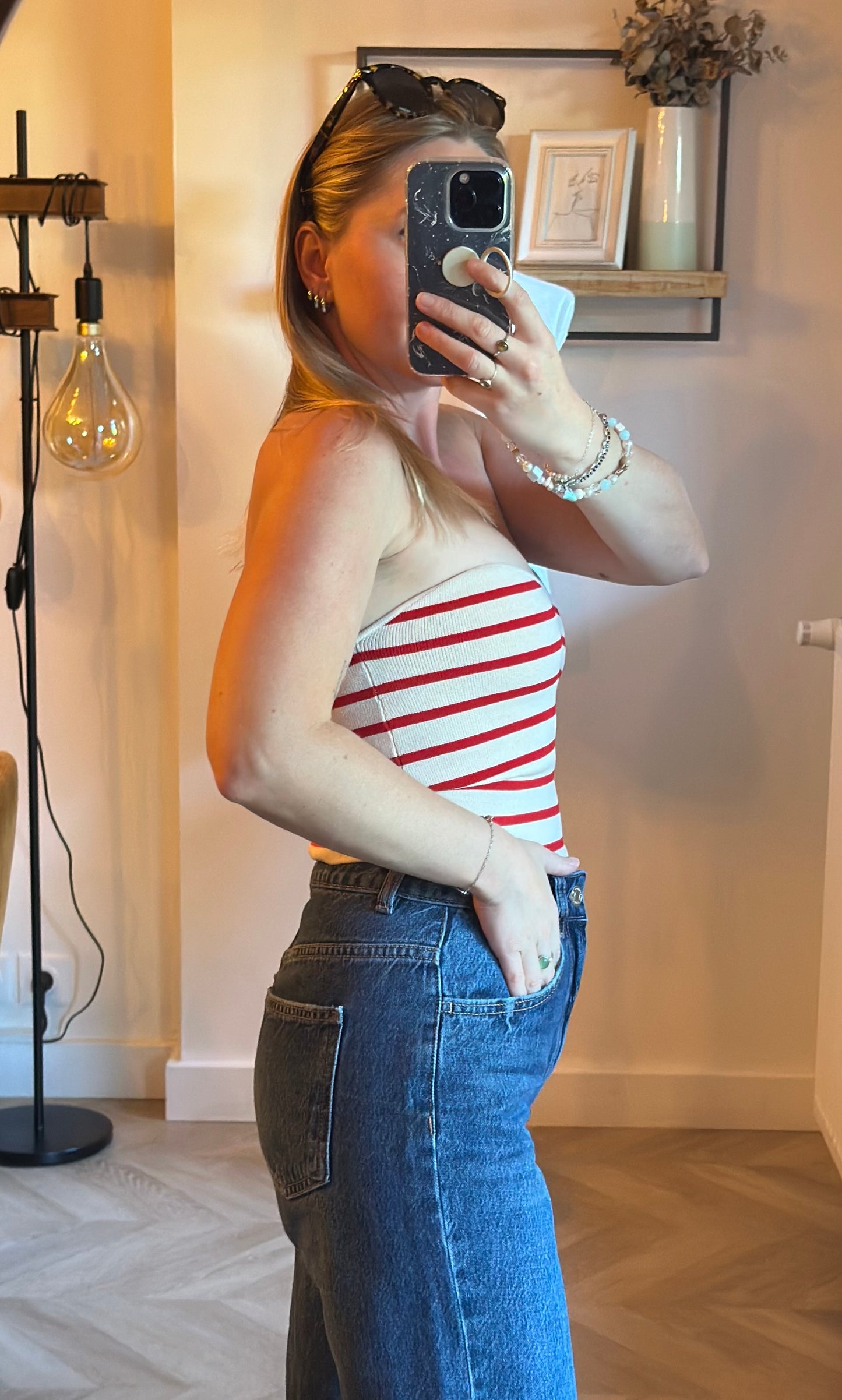 Top bandeau rayé rouge et écru T.38