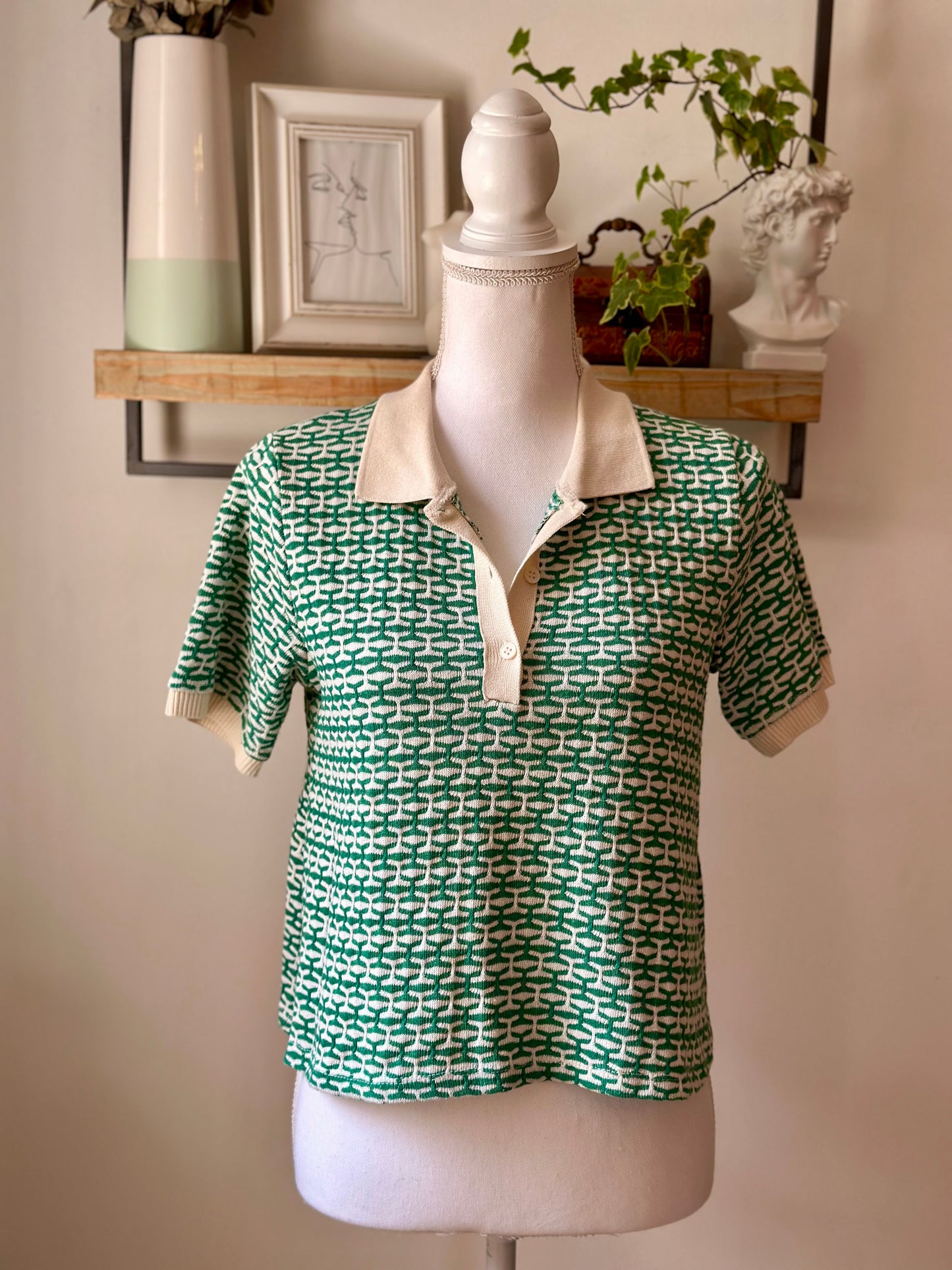 Top/Polo maille imprimé graphique vert Zara neuf, T.36