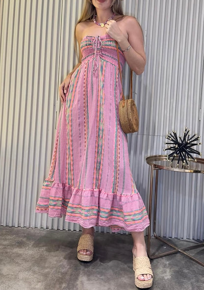 Robe longue bustier rayures multicolores en gaze de coton T.U