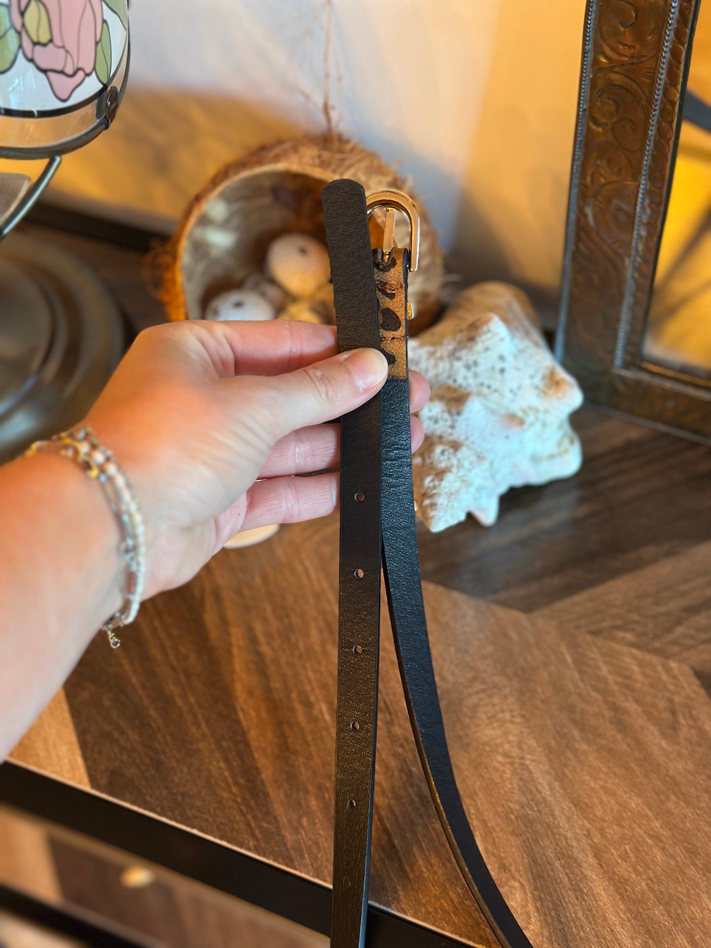 Ceinture léopard ajustable – boucles dorées, 105 cm