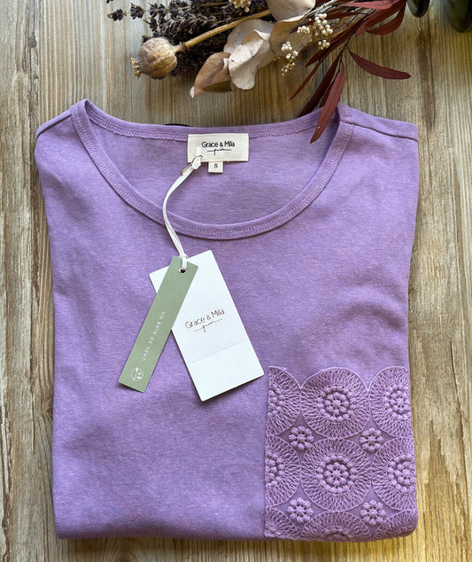 T-shirt lilas, avec poche brodée, modèle Félicien, taille S - Grace & Mila