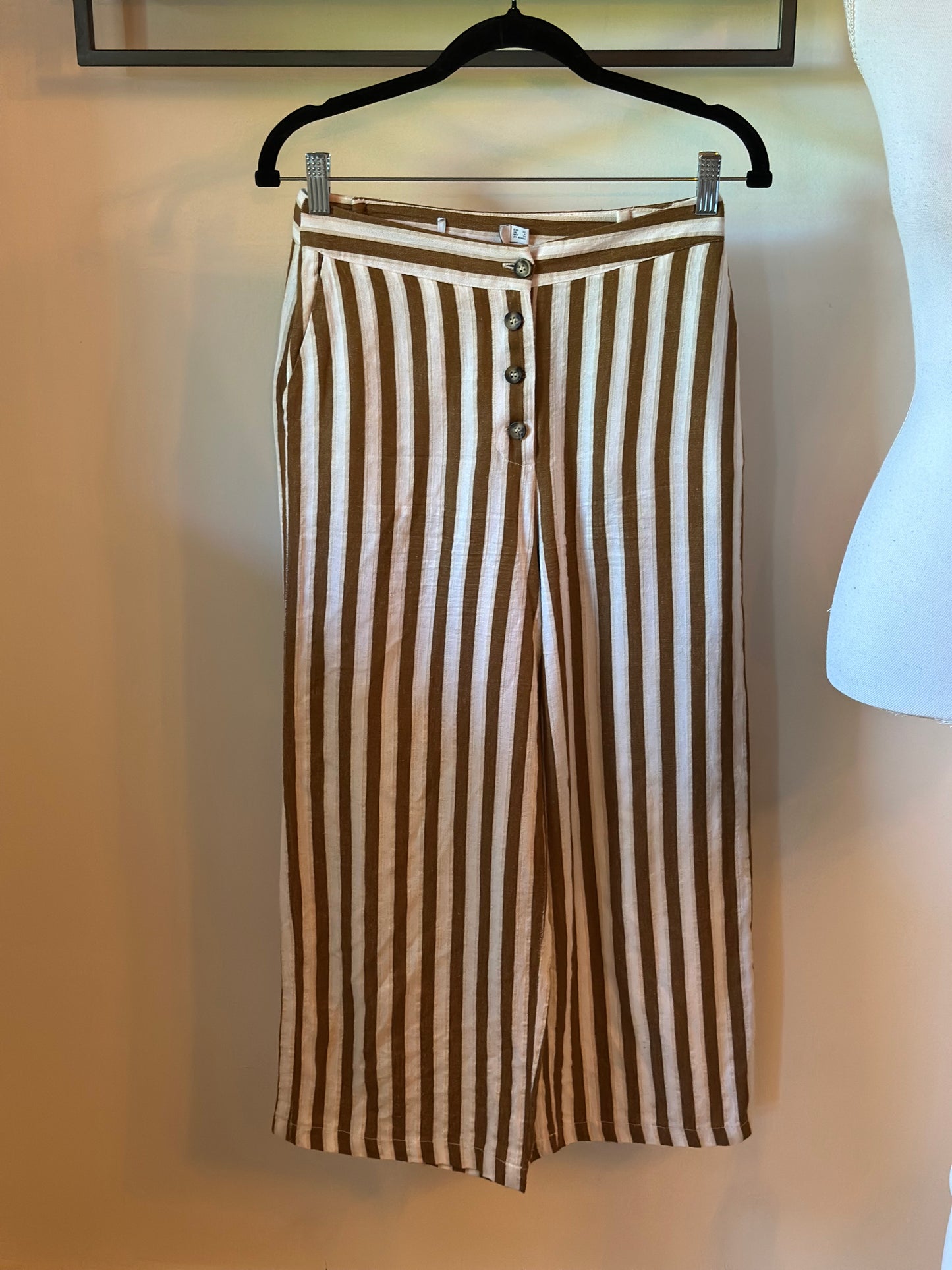 Pantalon large rayé lin coton fluide été beige & marron T.34