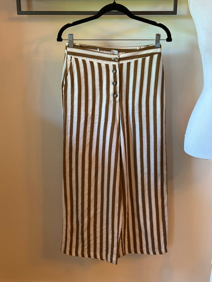 Pantalon large rayé lin coton fluide été beige & marron T.34