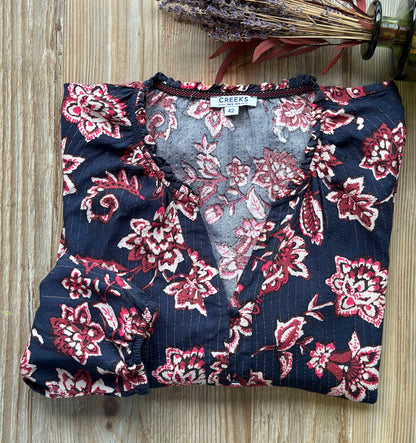 Blouse bohème bleu à imprimé fleuri rose et crème T.42