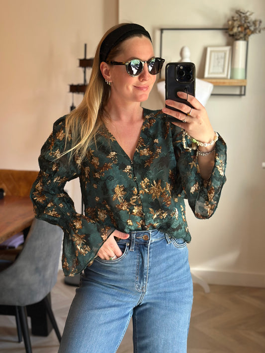 Blouse fluide fleurie vert et doré T.36