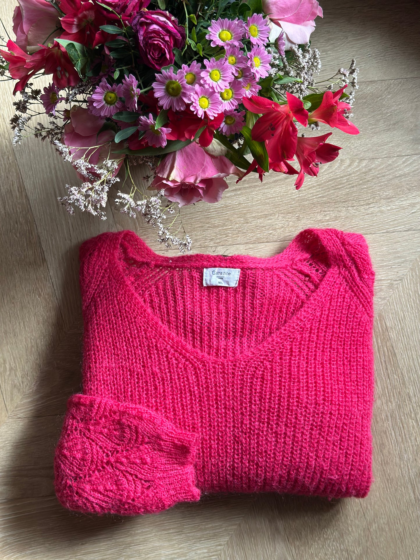 Pull maille ajourée rose mohair T.38/40