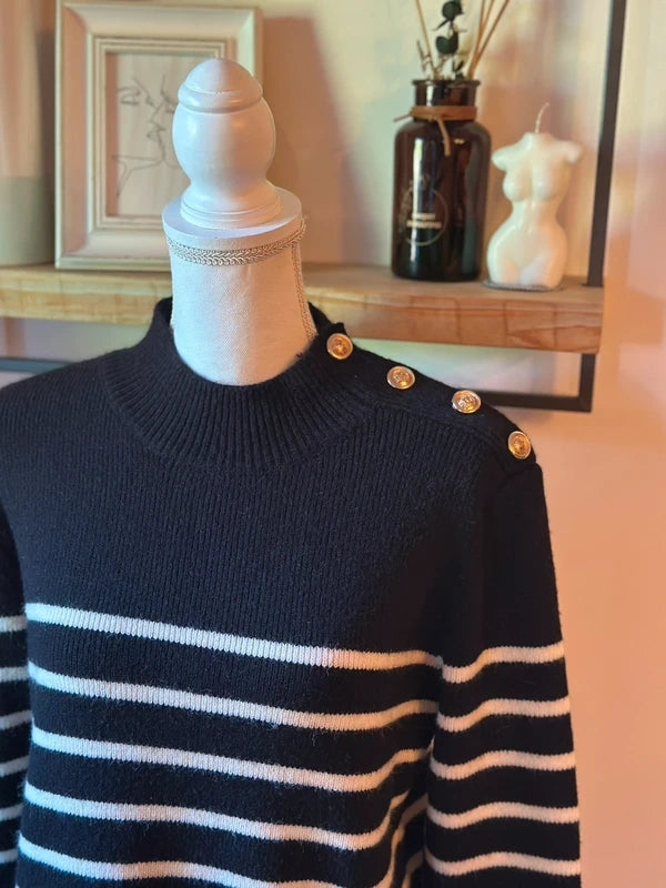 Robe pull marinière noire et écrue boutons dorés laine T.U