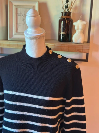 Robe pull marinière noire et écrue boutons dorés laine T.U