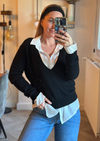 Pull noir col V laine mélangée T.34