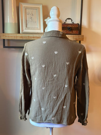 Chemise à motifs cœurs en gaze de coton kaki T.36