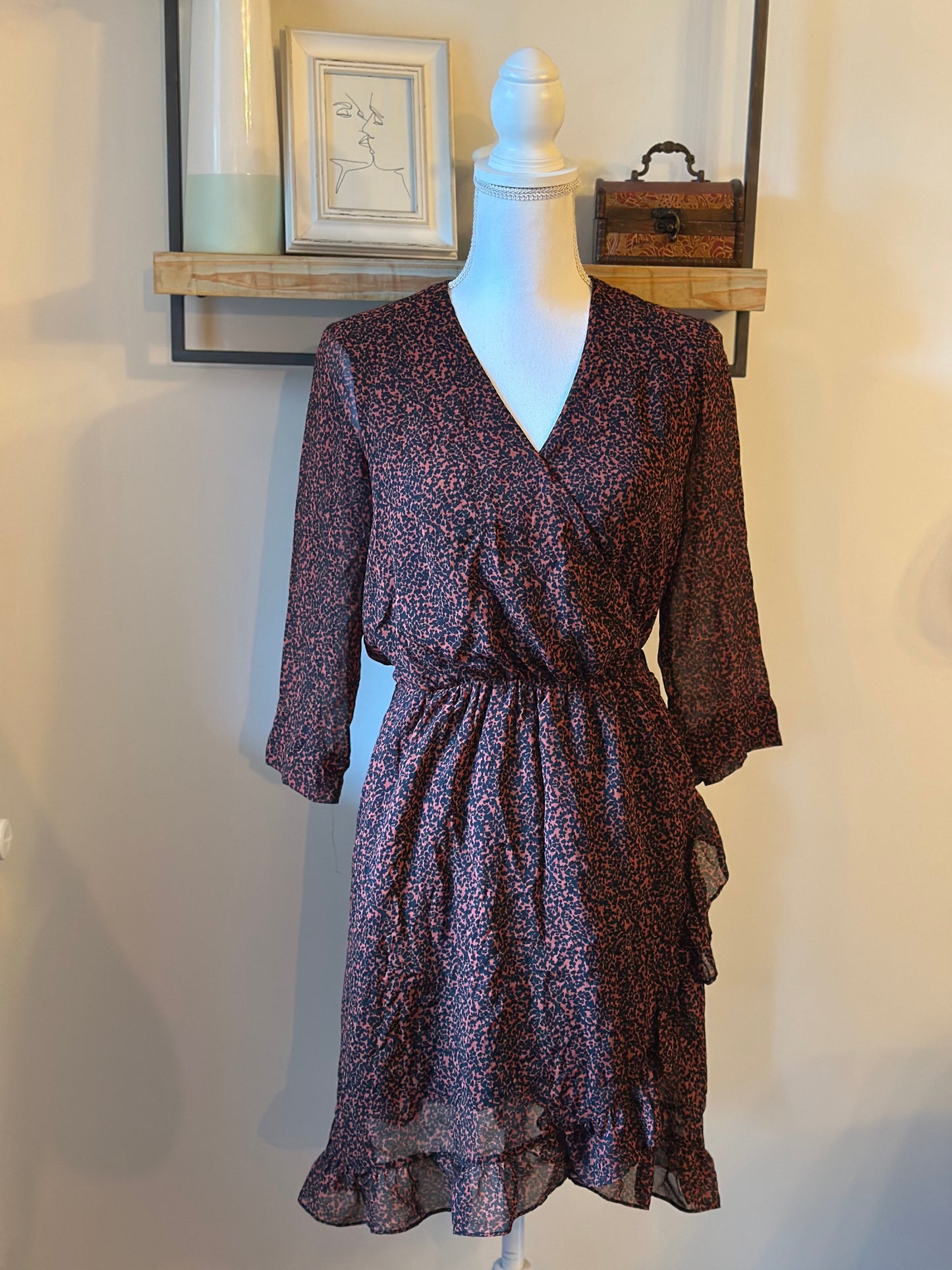 Robe portefeuille imprimée bordeaux et noir T.36